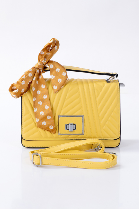 Малка дамска чанта в жълто със сатенена панделка