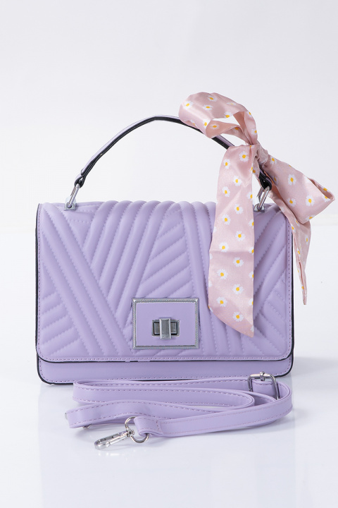 Малка дамска чанта в лилаво със сатенена панделка
