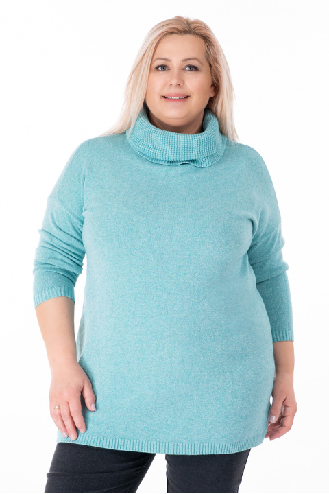 МАКСИ пуловер с обемна поло яка в синьо-зелен цвят
