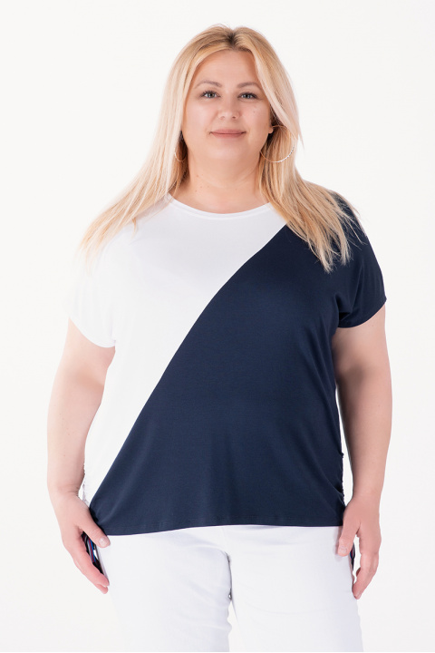 МАКСИ блуза с бяло-син диагонал, странични цветни връзки