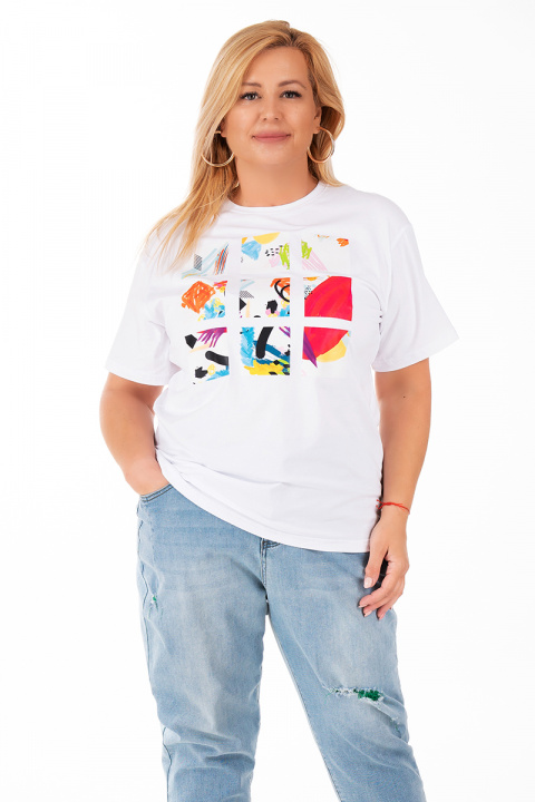 МАКСИ тениска в бяло с щампа цветни квадрати с геометричен принт