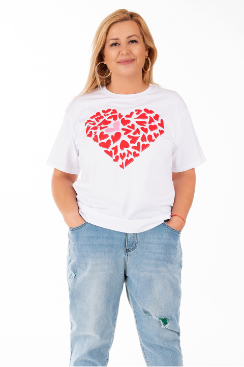 МАКСИ тениска от памук в бяло с щампа червени сърца