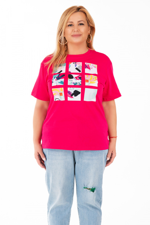 МАКСИ тениска от памук в цикламено розово с щампа цветни квадрати