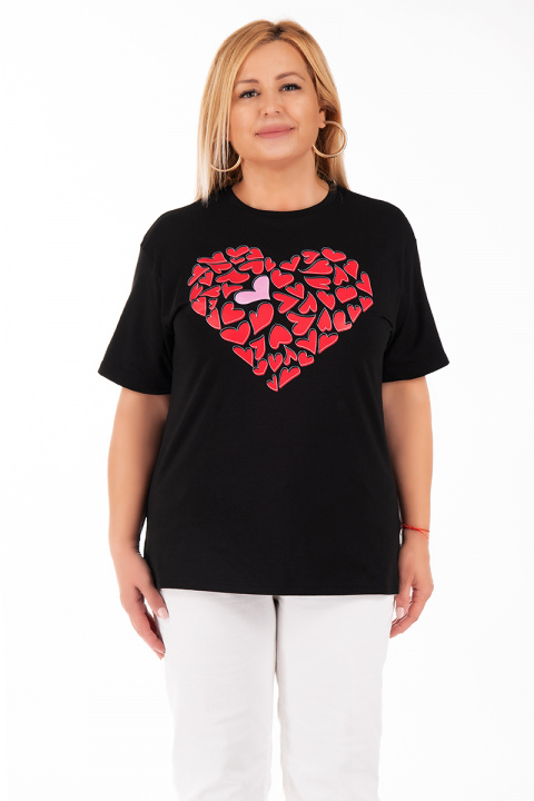 МАКСИ тениска от памук в черно с щампа червени сърца