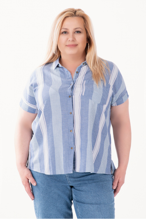 МАКСИ риза от памук с вертикално райе в синьо и розово