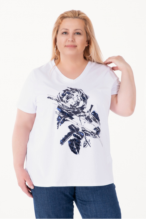 МАКСИ блуза в бяло с щампа роза с камъчета и пайети