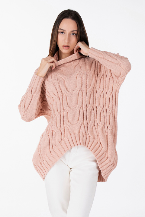 Дамски пуловер от едро плетиво в розово с интересна плетка