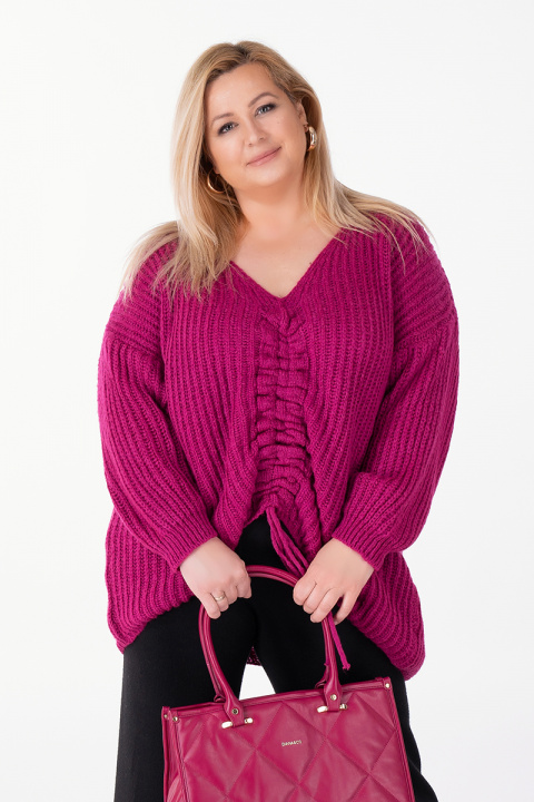 МАКСИ пуловер в лилава циклама с остро деколте и набор