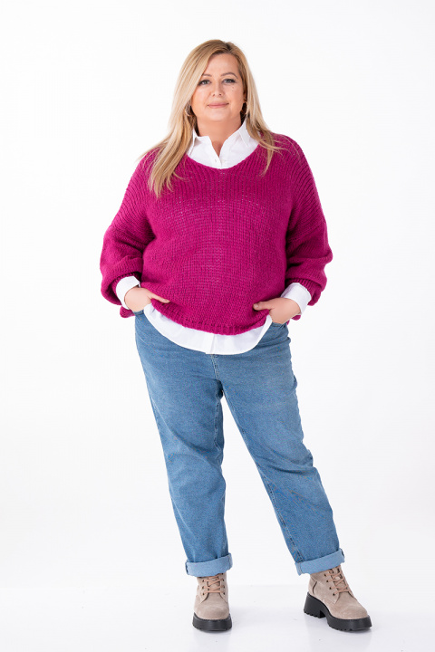 МАКСИ пуловер от едро плетиво в цвят лилава циклама