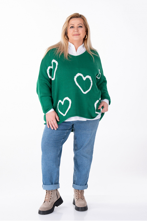 МАКСИ пуловер в зелено с принт бели сърца