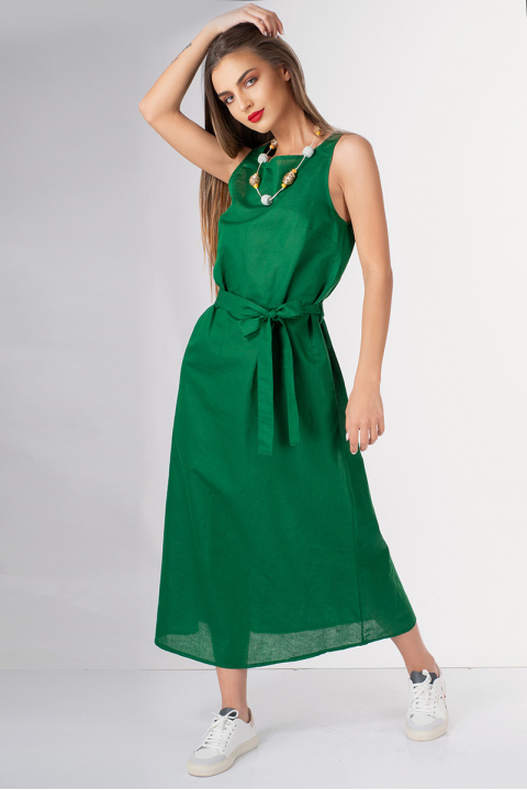 Дълга рокля от лен и памук в зелено