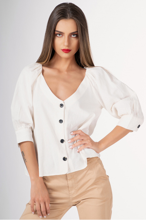 Дамска блуза с буфан ръкав в цвят екрю