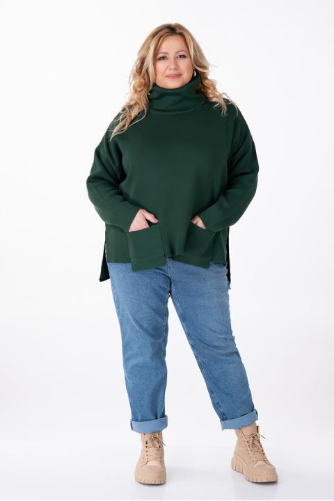МАКСИ пуловер с поло яка в зелено с предни външни джобове