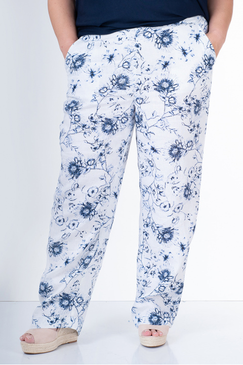 МАКСИ бял панталон от лен със сини цветя