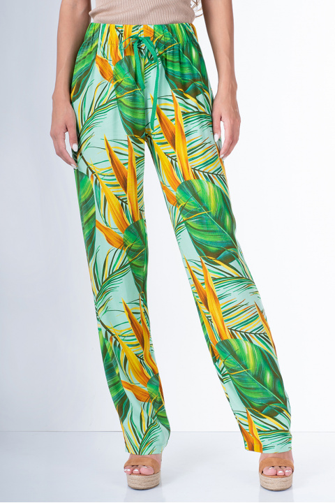 Дамски панталон със зелени тропически шарки