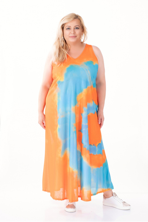 МАКСИ дълга рокля в оранжево с преливащи сини вълни