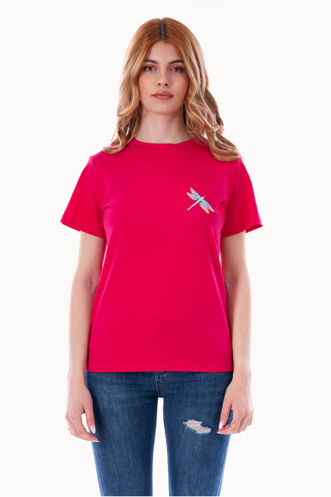 Дамска тениска '''Dragonfly'' в цикламено розово с бродерия водно конче