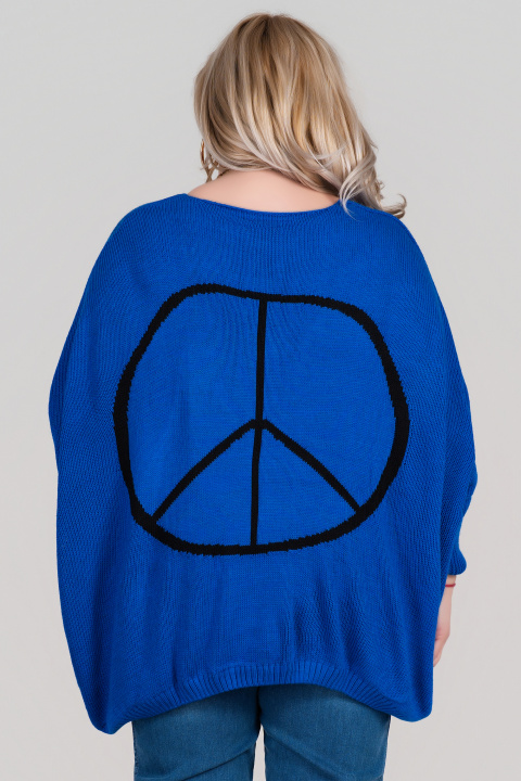 МАКСИ пуловер фино плетиво с вълна в синьо с ефектна щампа на гърба