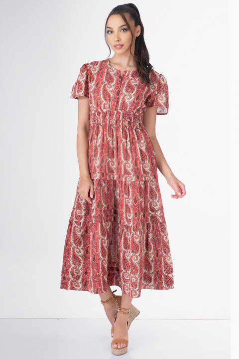Дълга рокля от памук в цвят екрю с червен индийски принт
