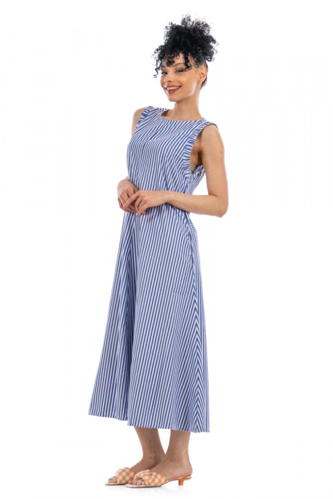 Дълга рокля от памук с принт синьо-бяло райе и скрити странични джобове