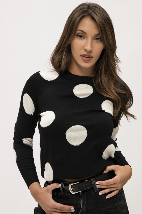 Дамска блуза от фино плетиво в черно с принт бели кръгове
