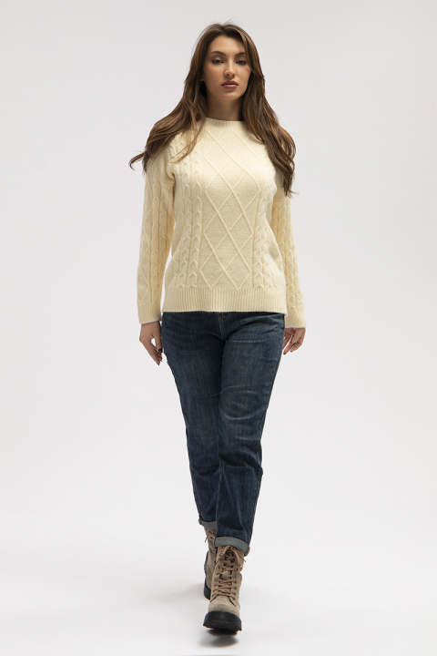 Дамски пуловер с едро плетиво в цвят екрю