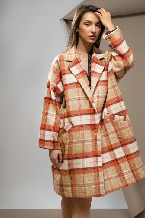 Дамски оувърсайз карирано палто с вълна в бежово и оранжево