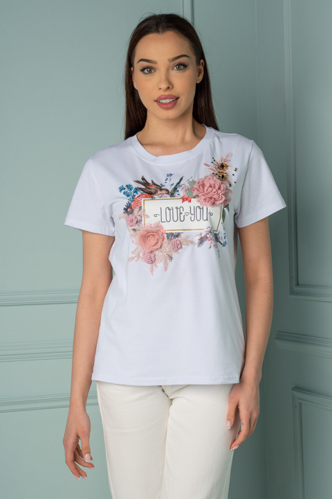 Дамска тениска в бяло с щампа птица, 3Д цветя и надпис