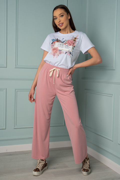 Дамски панталони в розово със широк ластик и връзка