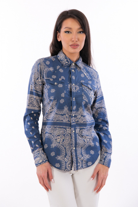 Дамска риза от памук в синьо с бял етно принт
