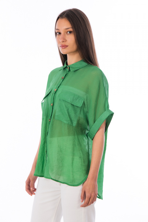 Дамска риза от фина материя в зелено с издължен гръб
