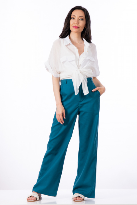 Дамски широк панталон от лен и памук в цвят петрол с ластик на кръста