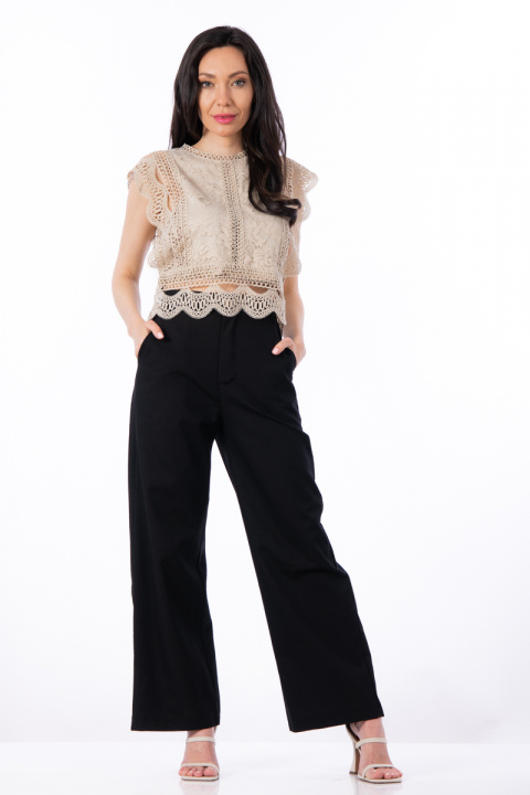 Дамски широк панталон от лен и памук в черно с ластик на кръста