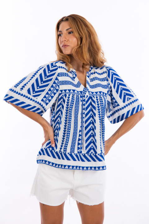 Дамска етно блуза със син геометричен принт