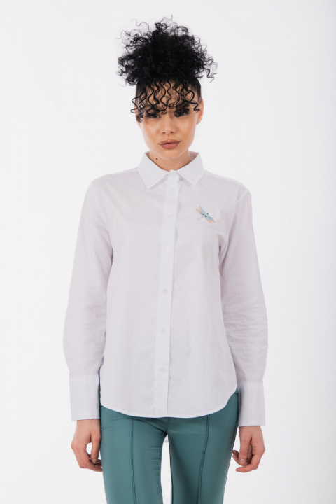Дамска риза''Dragonfly'' от памук в бяло с бродирано водно конче