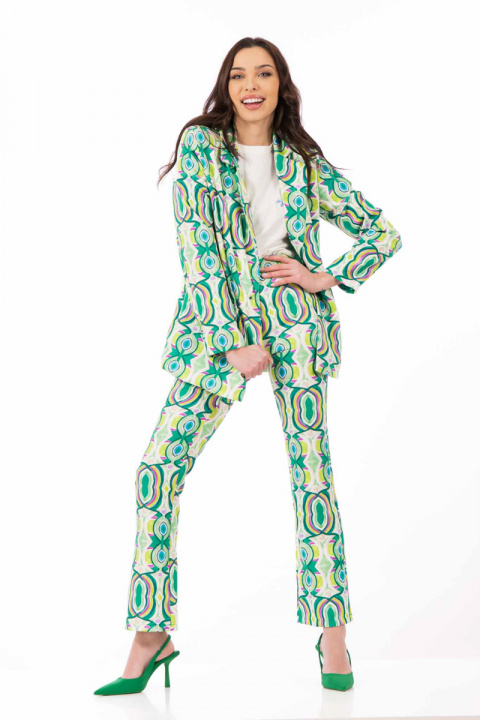 Дамски комплект от сако и панталон с кръгли орнаменти в зелено, лилаво и бяло