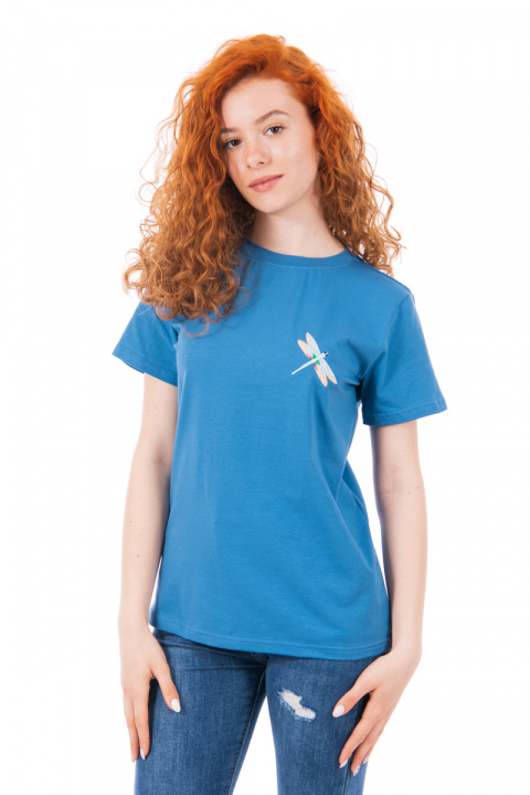 Дамска тениска '''Dragonfly'' в синьо с бродерия водно конче