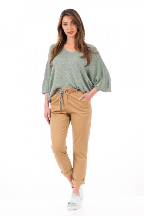 Дамски панталони в светлокафяво с плетен текстилен колан