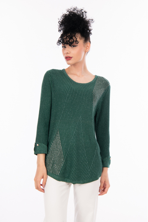 Дамски пуловер в зелено с релефен принт с камъни и лъскава нишка