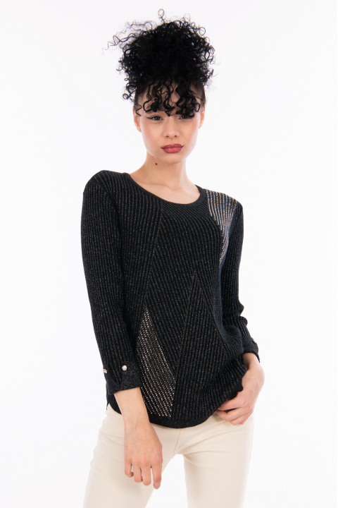 Дамски пуловер в черно с релефен принт с камъни и лъскава нишка