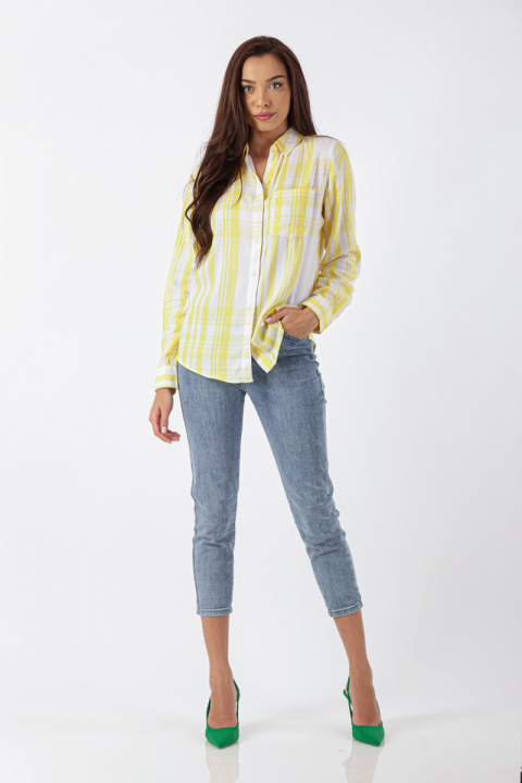 Дамска риза от памук в жълто и бяло каре