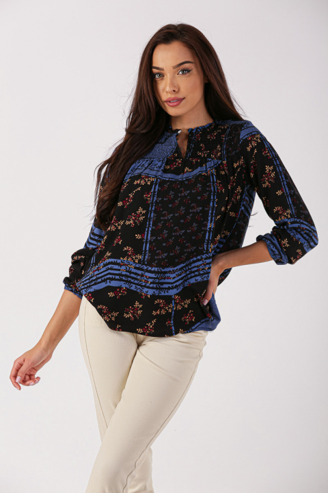 Дамска блуза с индийски принт в черно и синьо