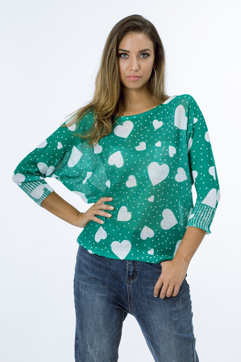 Дамска блуза от фино плетиво в зелено на сърца