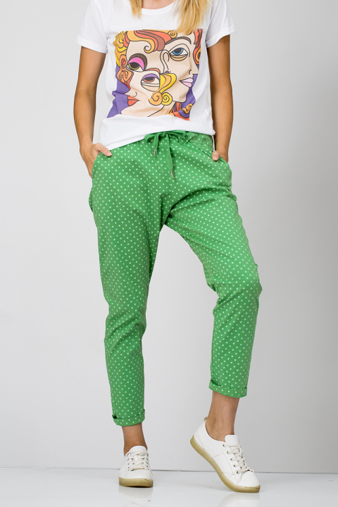 Дамски памучен панталон с връзка в цвят зелено на точки