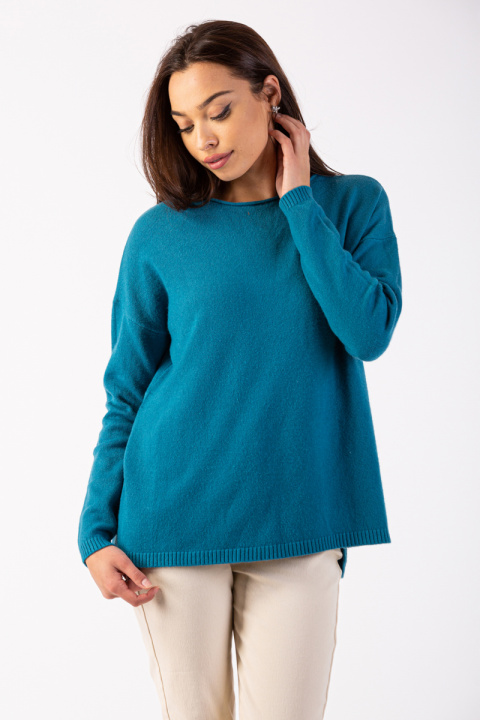 Дамски пуловер с фино плетиво в петролен цвят
