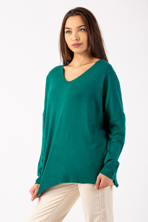 Дамски изчистен пуловер от фино плетиво в тюркоазано зелено