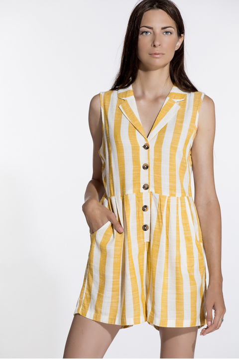 Дамски памучен гащеризон на жълто райе