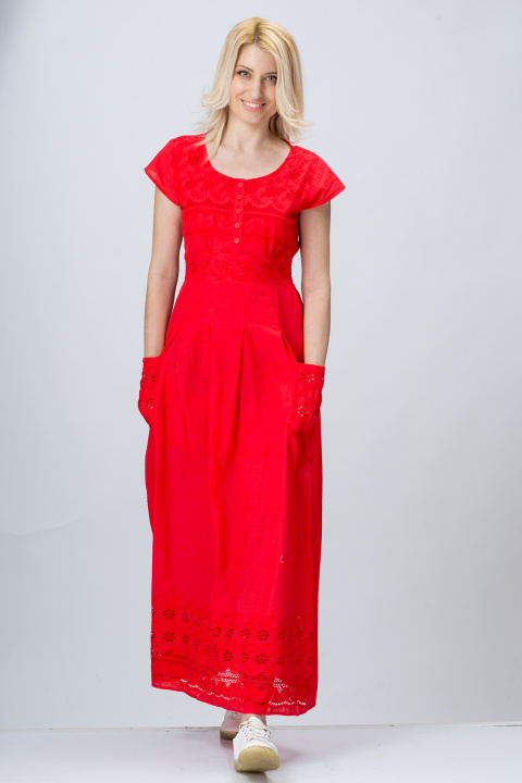 Дълга рокля от памук в червено