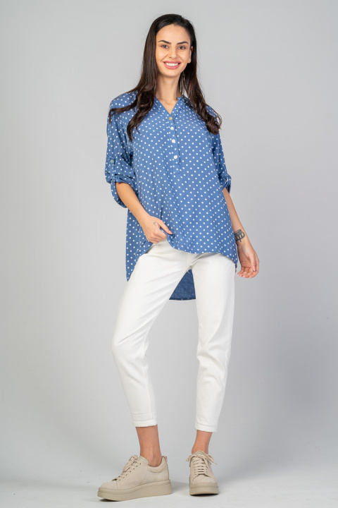 Дамска широка блуза тип туника в синьо с принт бели точки