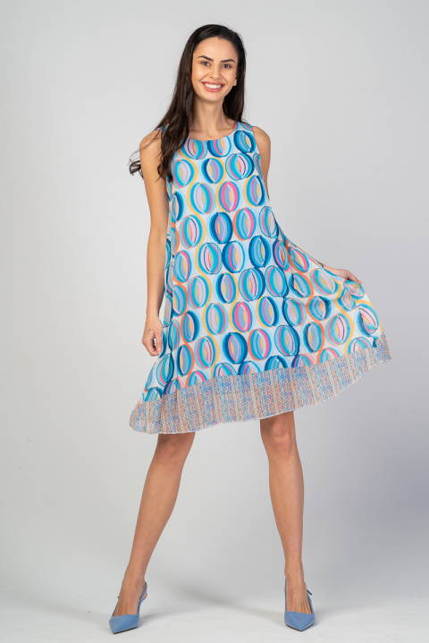 Широка рокля тип солей в синьо с принт цветни кръгове
